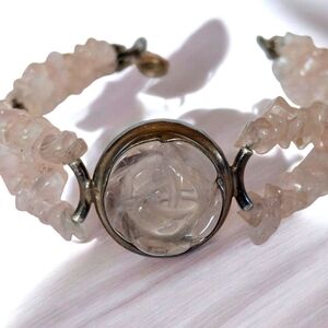 Vintage Rose Quartz Sterling Silver 925 Carved Rose Bracelet